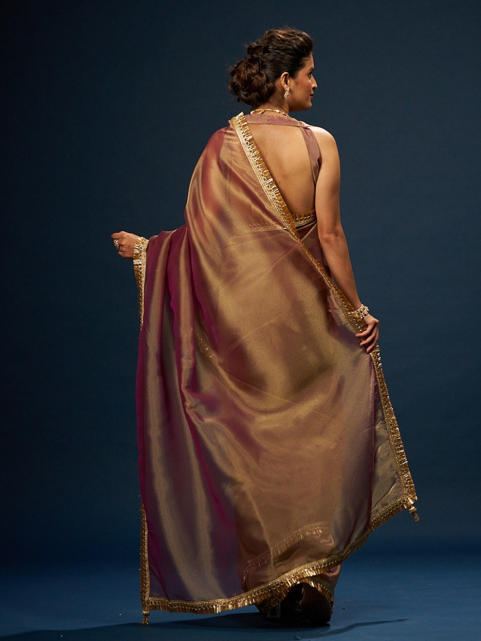 Rose Dust Gold Pink Organza Saree with Zari Border