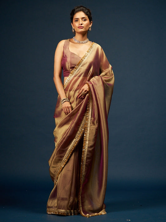 Rose Dust Gold Pink Organza Saree with Zari Border