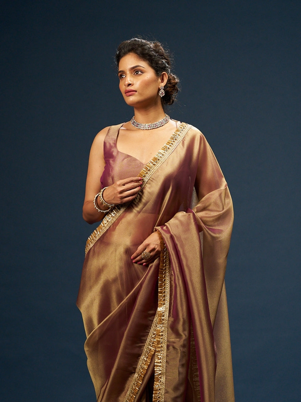 Rose Dust Gold Pink Organza Saree with Zari Border