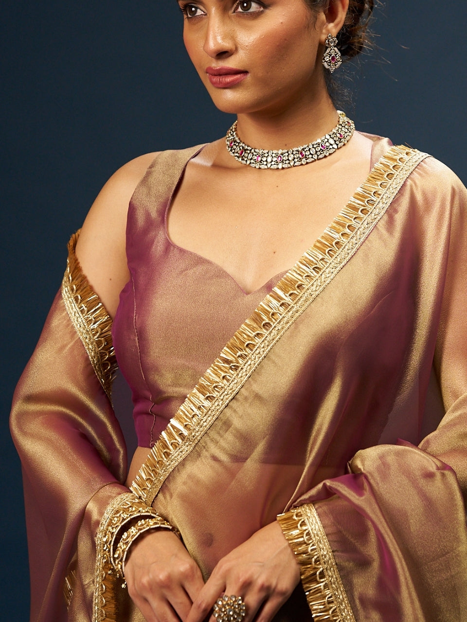 Rose Dust Gold Pink Organza Saree with Zari Border