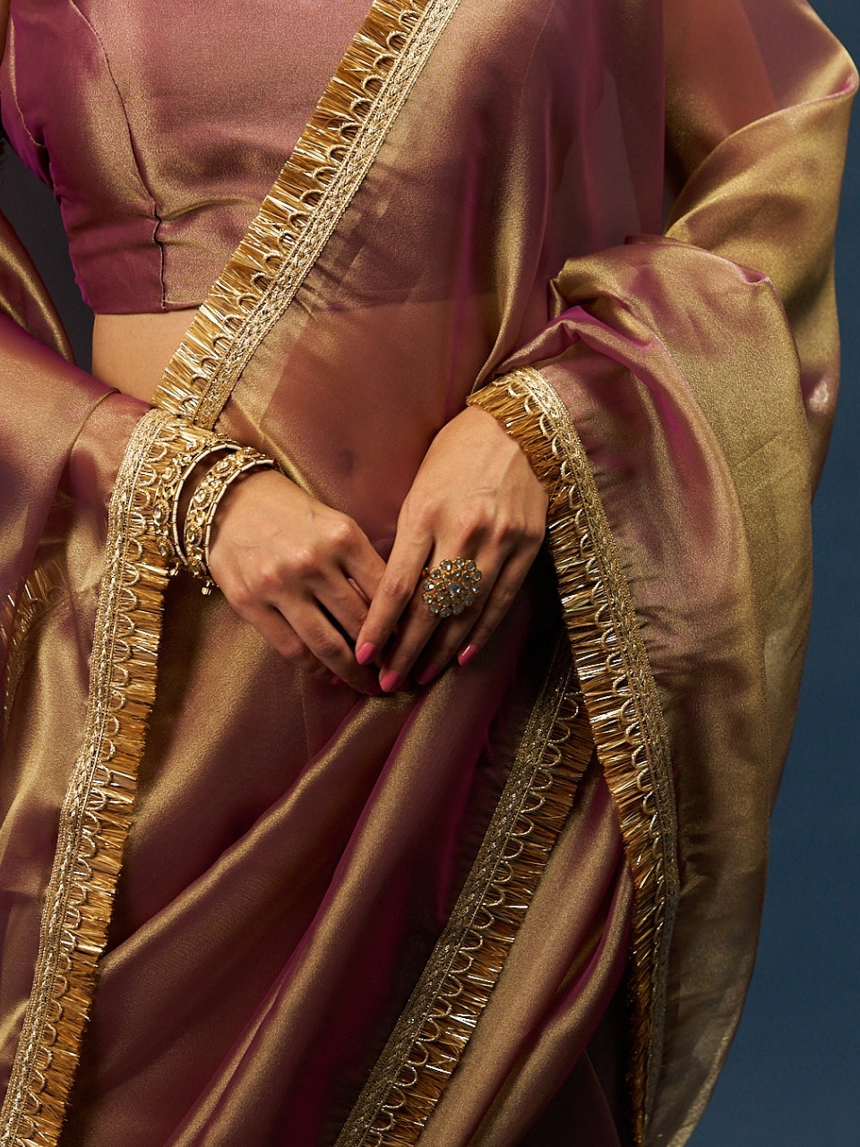 Rose Dust Gold Pink Organza Saree with Zari Border