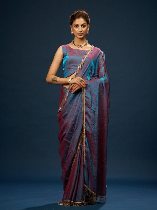 Bluish Lilac Satin Saree with Heavy Cut Dana Lace