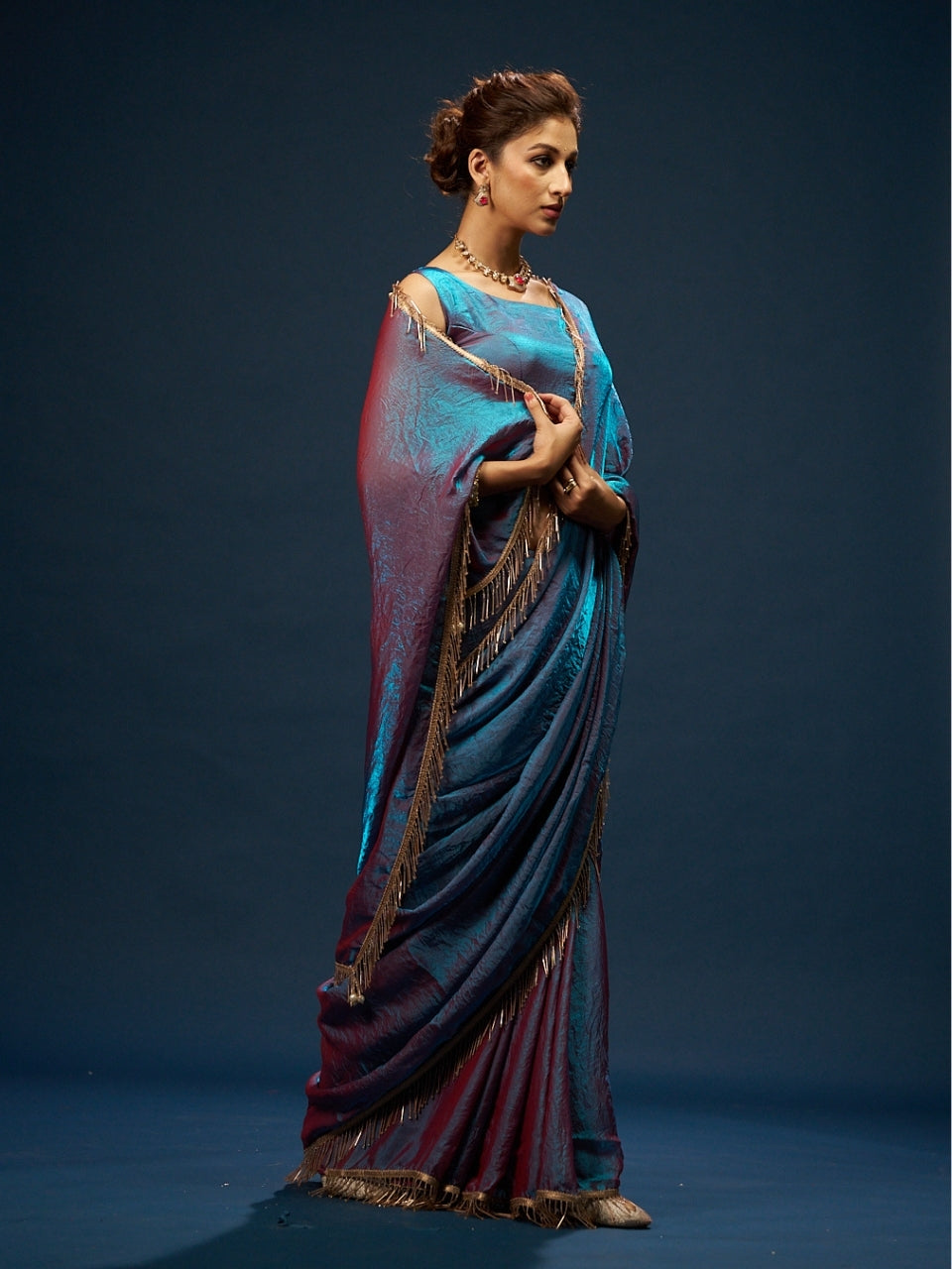 Bluish Lilac Satin Saree with Heavy Cut Dana Lace