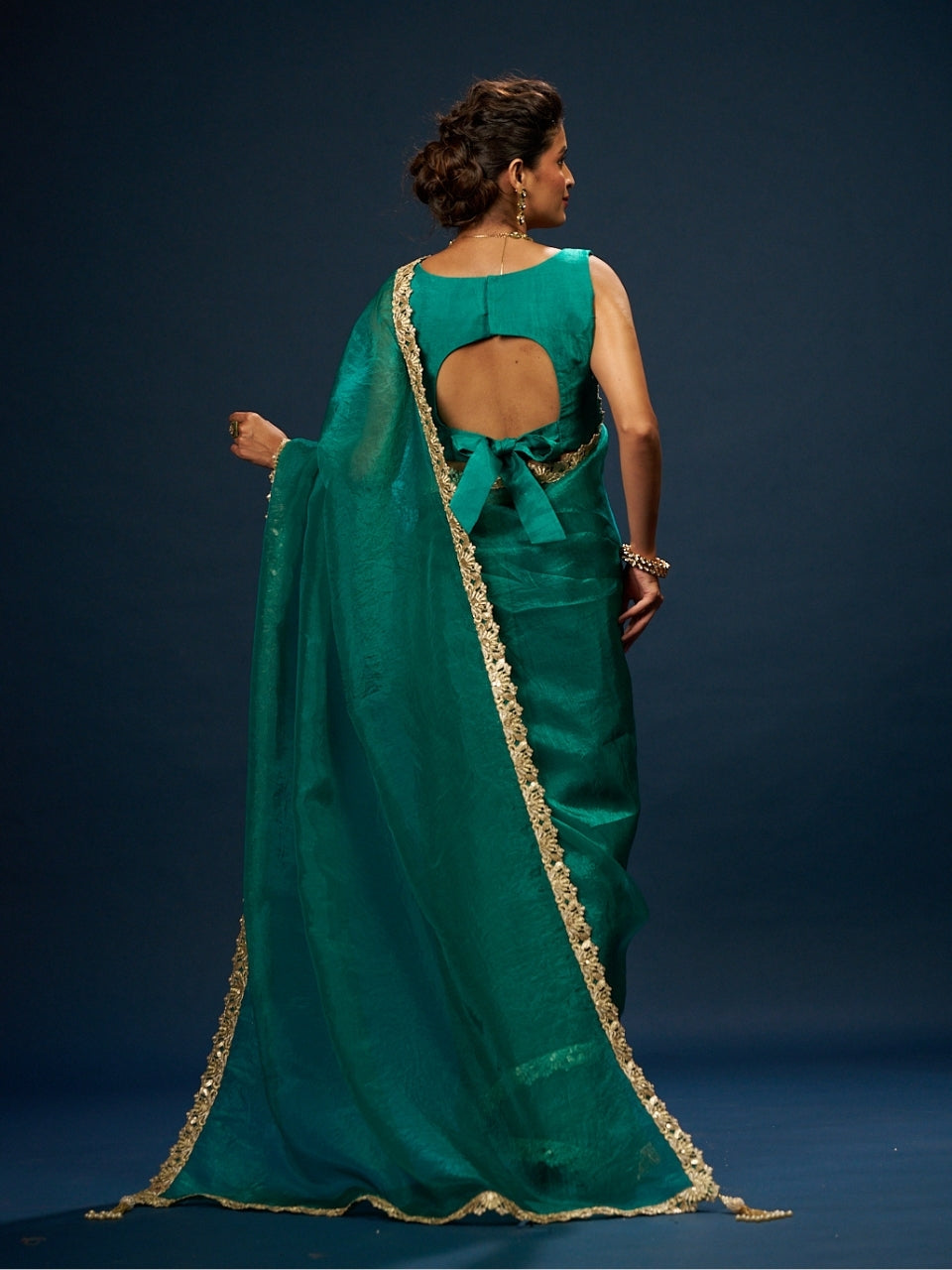 Foxtons Green Tissue Saree with Zari Sequin Lace