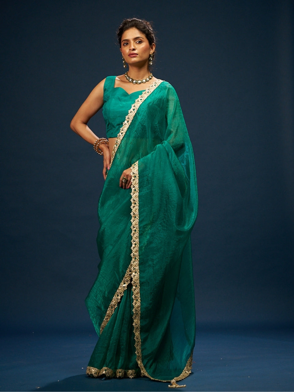 Foxtons Green Tissue Saree with Zari Sequin Lace