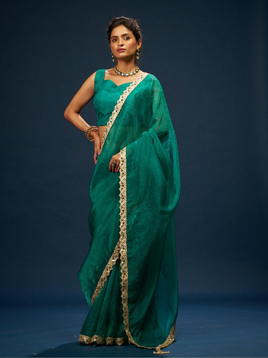Foxtons Green Tissue Saree with Zari Sequin Lace