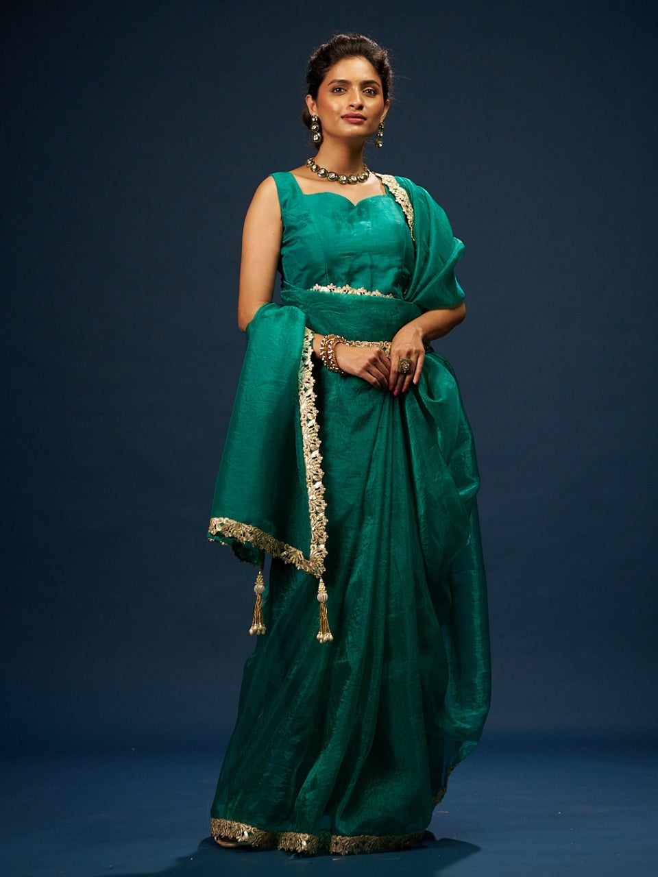 Foxtons Green Tissue Saree with Zari Sequin Lace