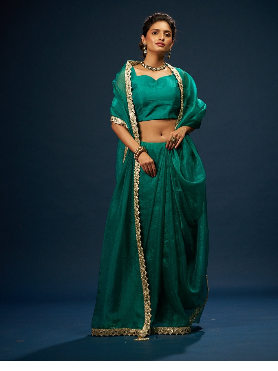 Foxtons Green Tissue Saree with Zari Sequin Lace