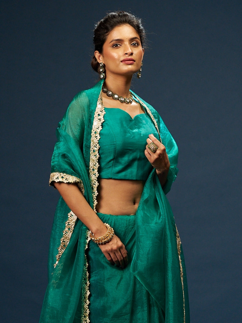 Foxtons Green Tissue Saree with Zari Sequin Lace
