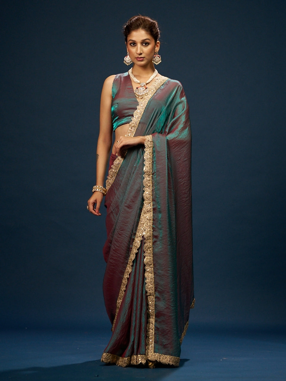 Red Green Dual Tone Satin Saree with Sequin Diamond Lace