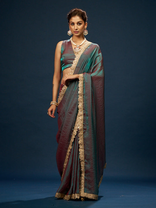 Red Green Dual Tone Satin Saree with Sequin Diamond Lace