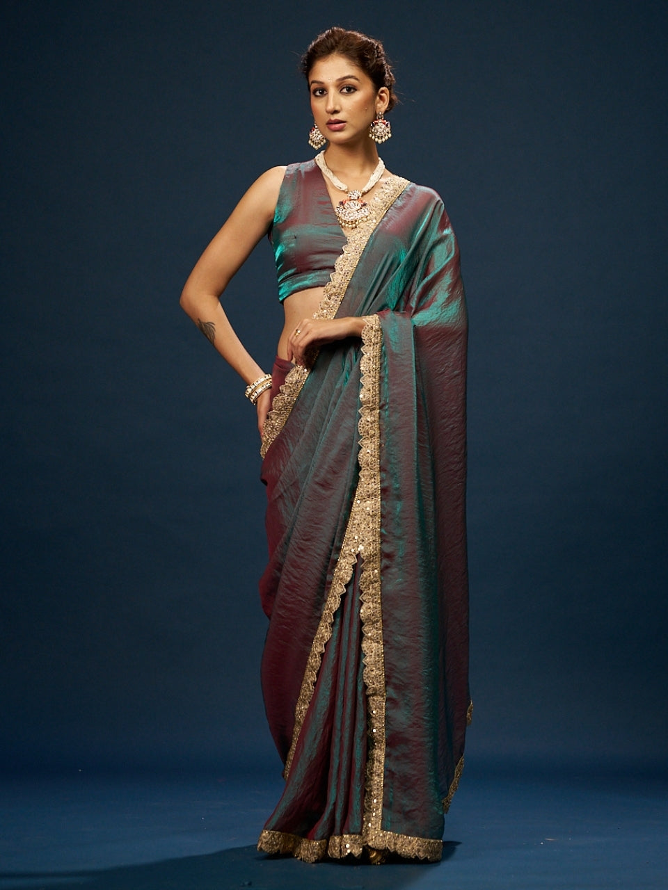 Red Green Dual Tone Satin Saree with Sequin Diamond Lace