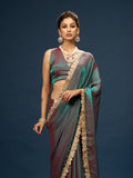 Red Green Dual Tone Satin Saree with Sequin Diamond Lace
