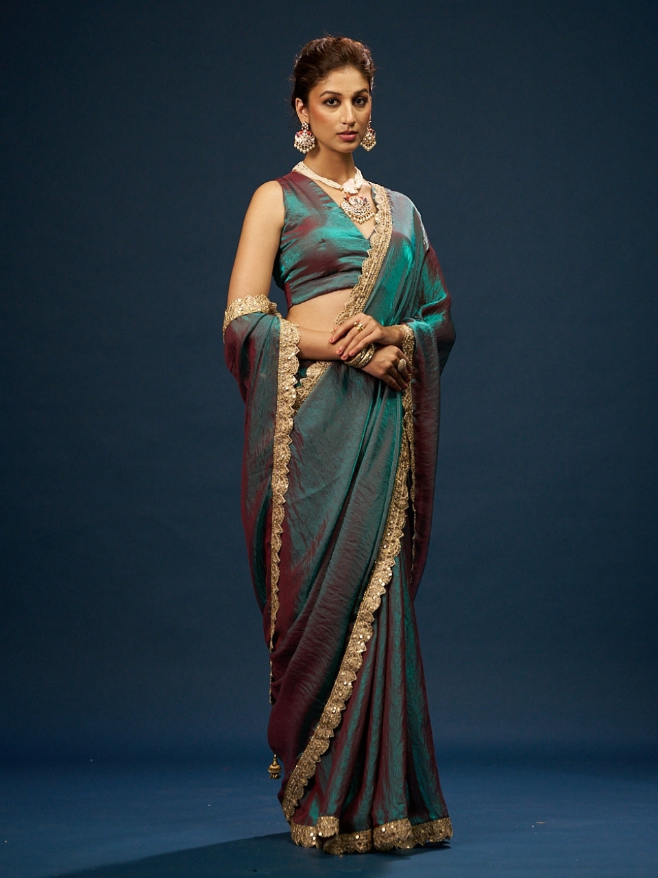 Red Green Dual Tone Satin Saree with Sequin Diamond Lace