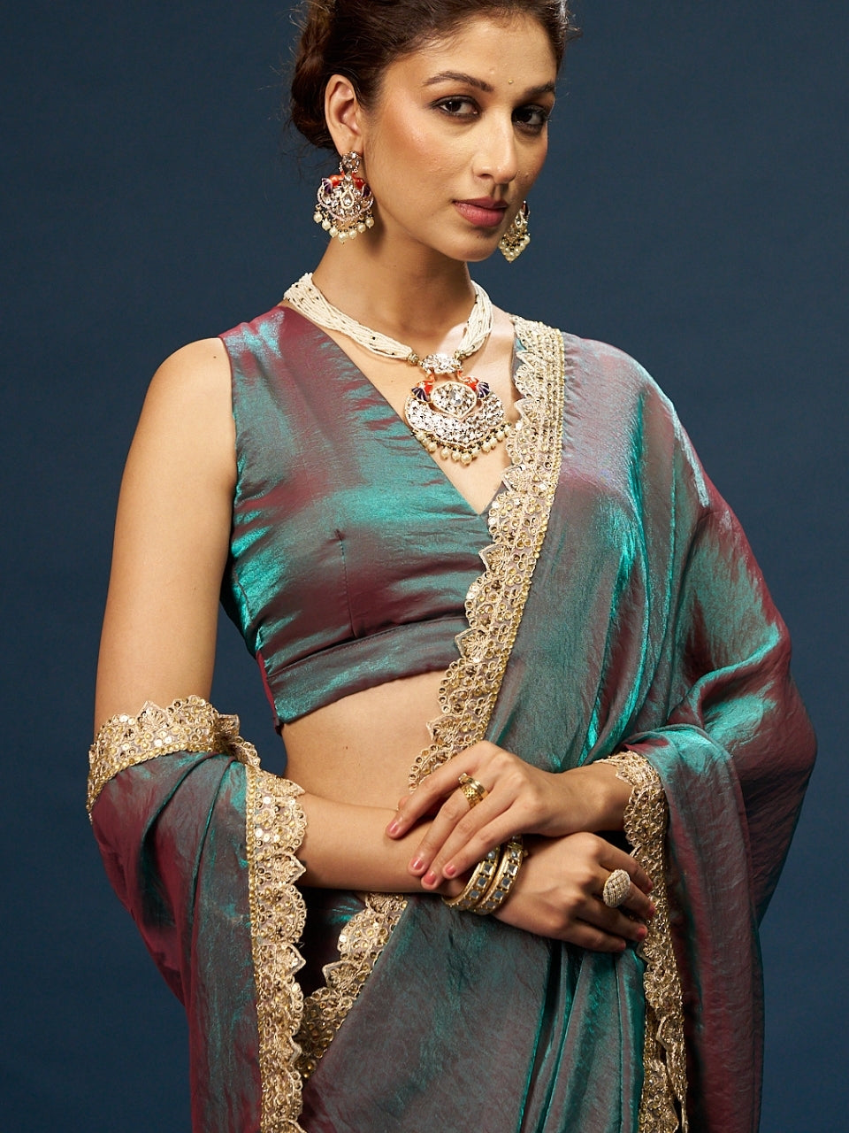 Red Green Dual Tone Satin Saree with Sequin Diamond Lace