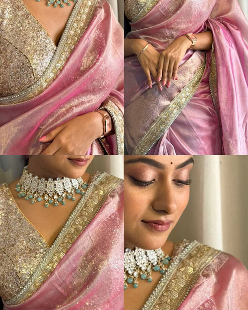 Janhvi Kapoor Inspired Pink Tissue Silk Saree
