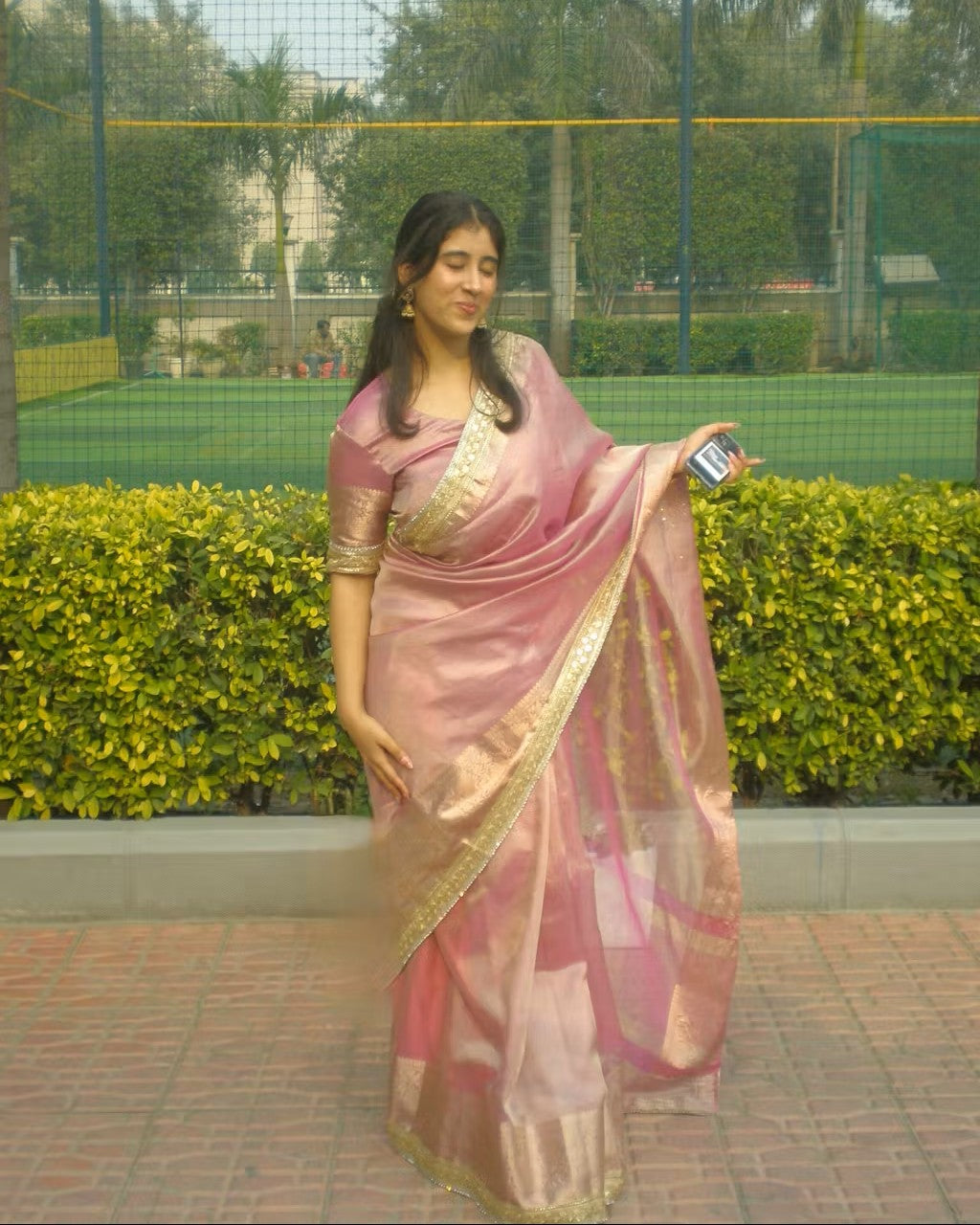 Janhvi Kapoor Inspired Pink Tissue Silk Saree