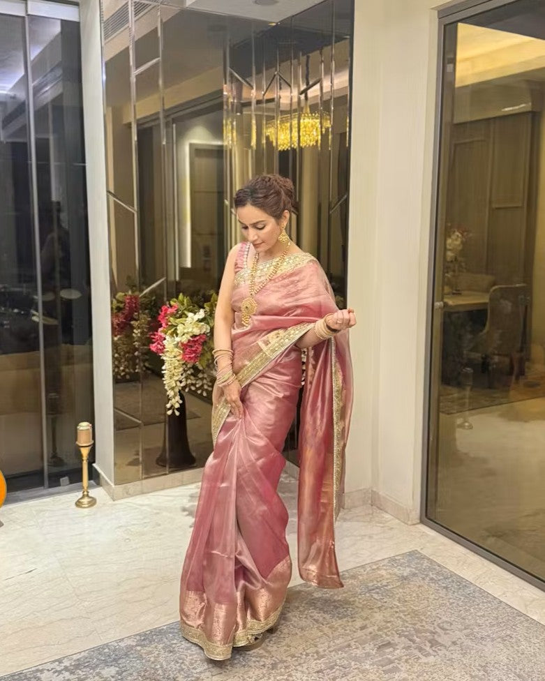 Janhvi Kapoor Inspired Pink Tissue Silk Saree