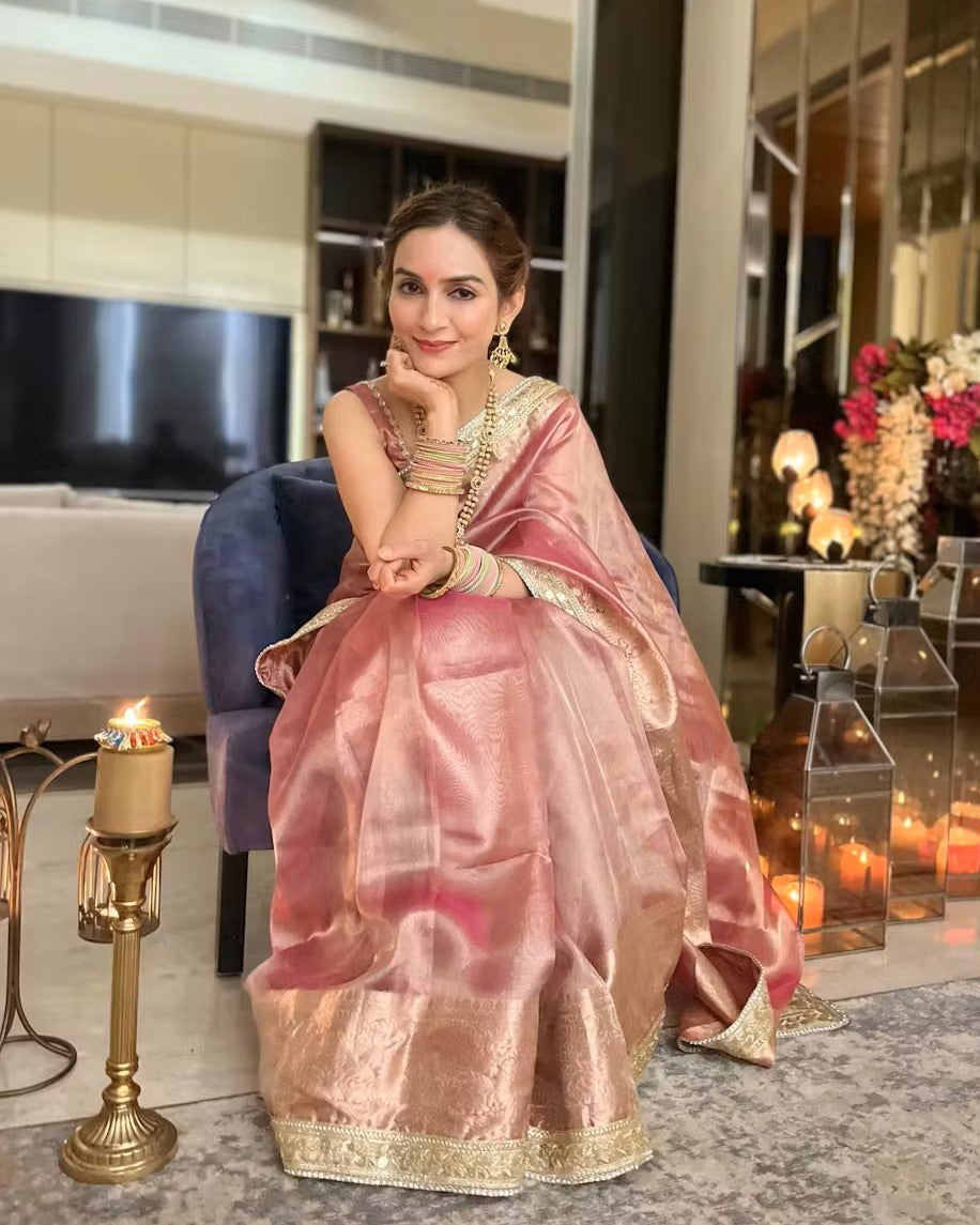 Janhvi Kapoor Inspired Pink Tissue Silk Saree