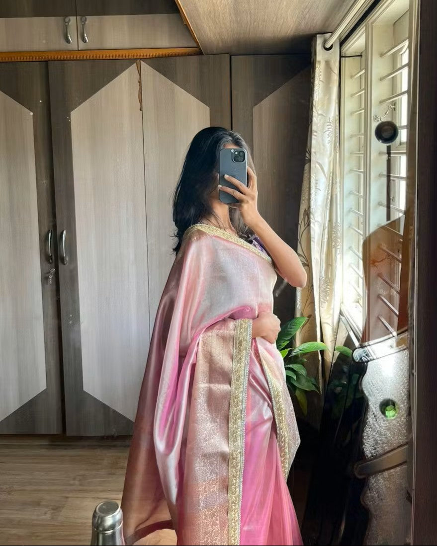Janhvi Kapoor Inspired Pink Tissue Silk Saree