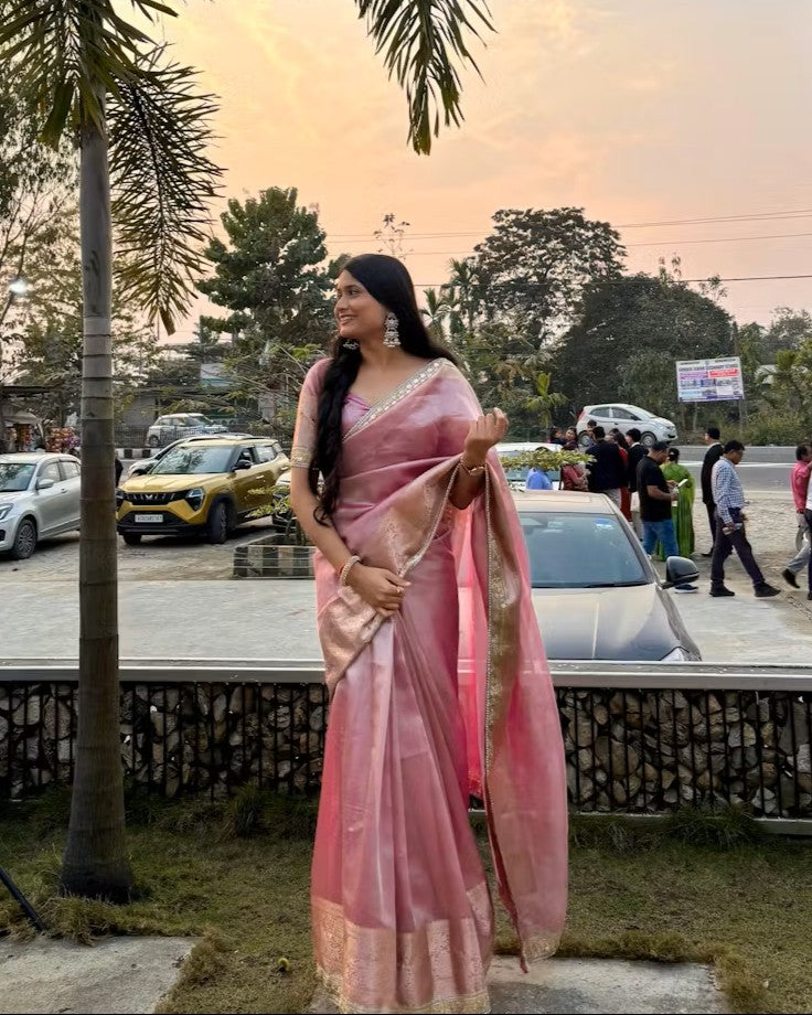 Janhvi Kapoor Inspired Pink Tissue Silk Saree
