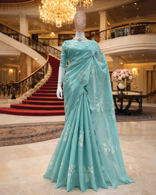 Elegant Sea Blue Shimmery Tissue Silk Saree with Floral Sequins Work