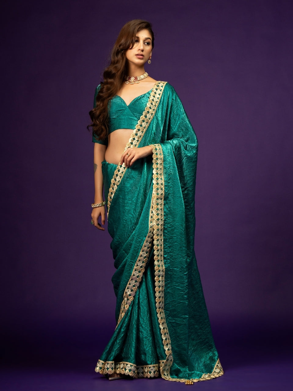 Teal Blue Satin Crush Saree with Zari Lace & Latkan