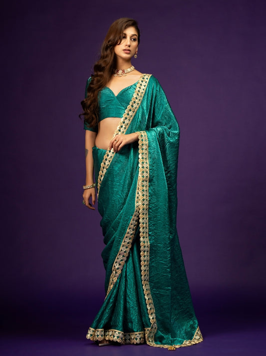 Teal Blue Satin Crush Saree with Zari Lace & Latkan