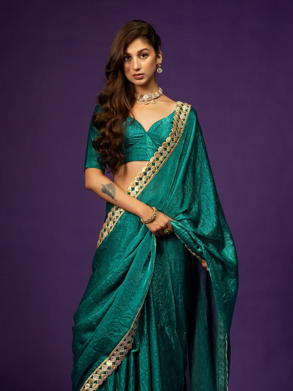 Teal Blue Satin Crush Saree with Zari Lace & Latkan