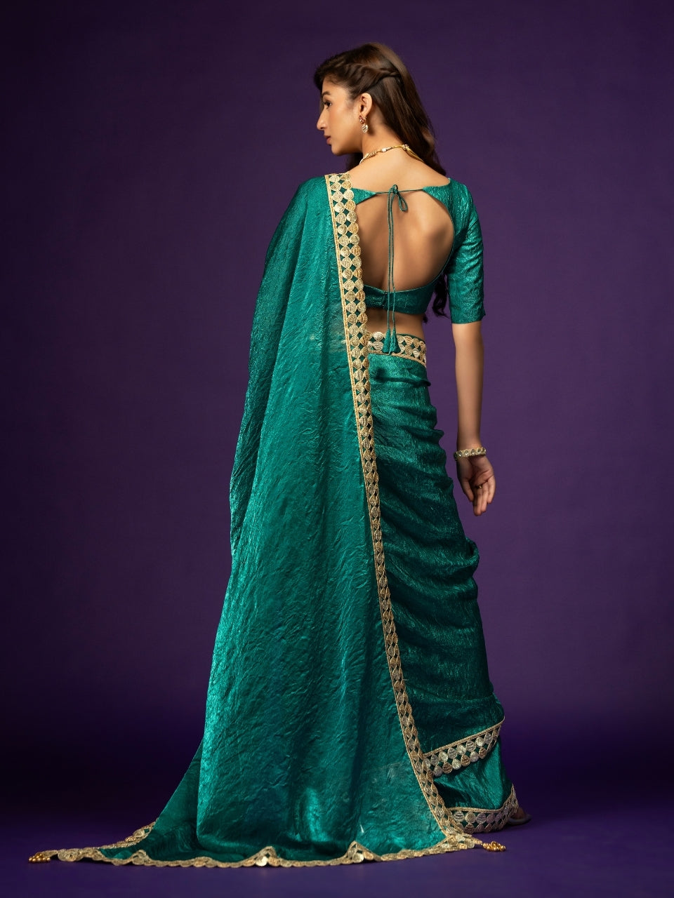 Teal Blue Satin Crush Saree with Zari Lace & Latkan