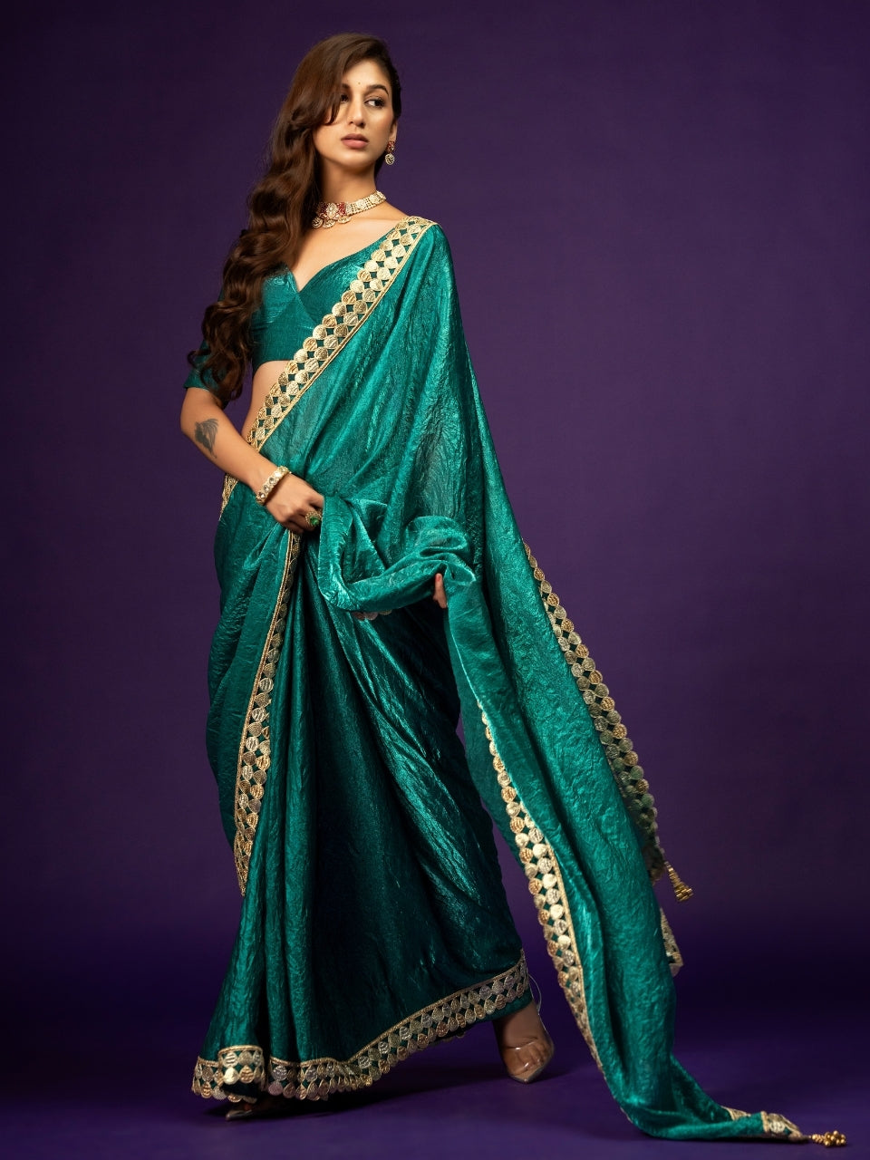 Teal Blue Satin Crush Saree with Zari Lace & Latkan