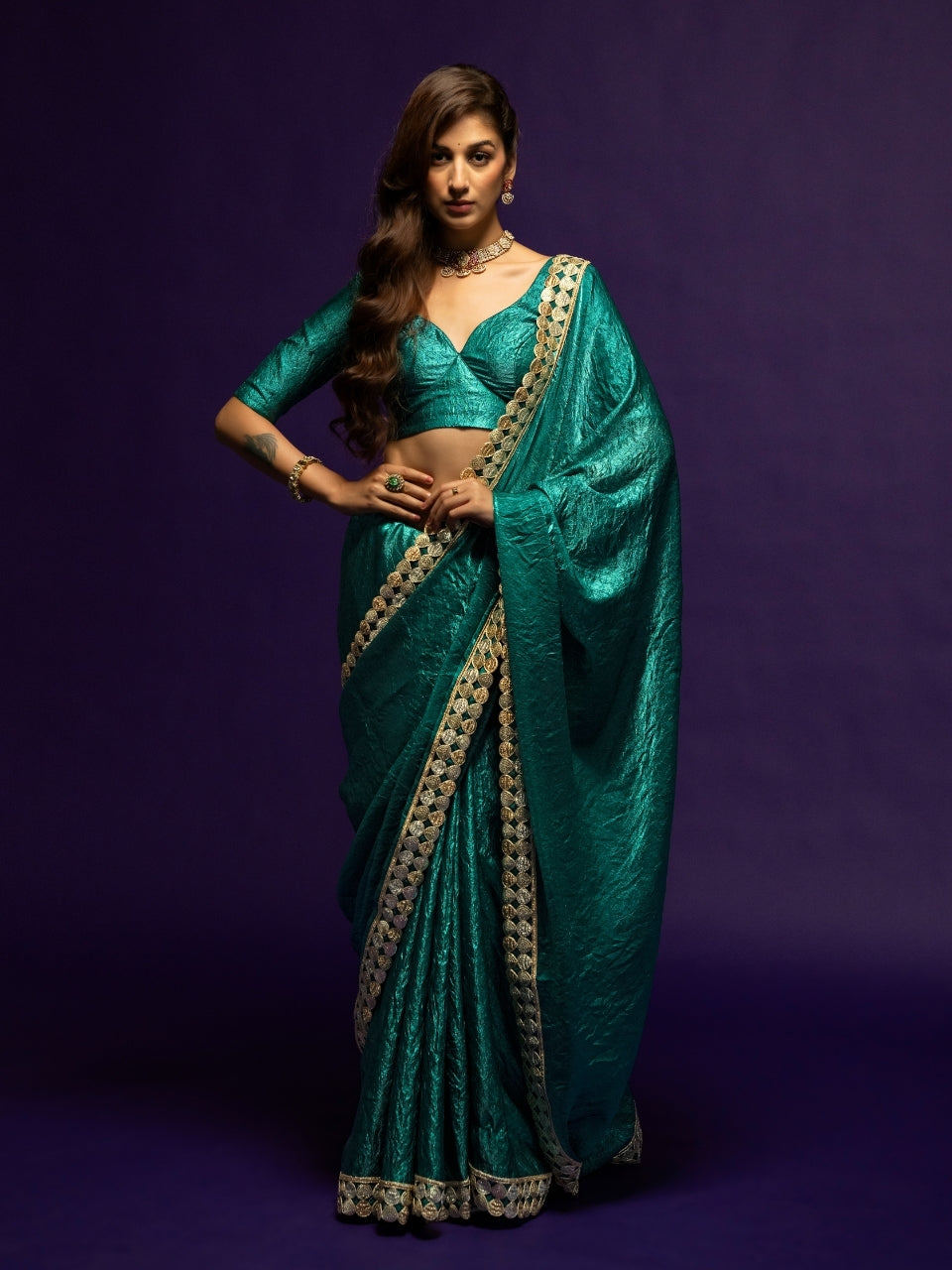 Teal Blue Satin Crush Saree with Zari Lace & Latkan