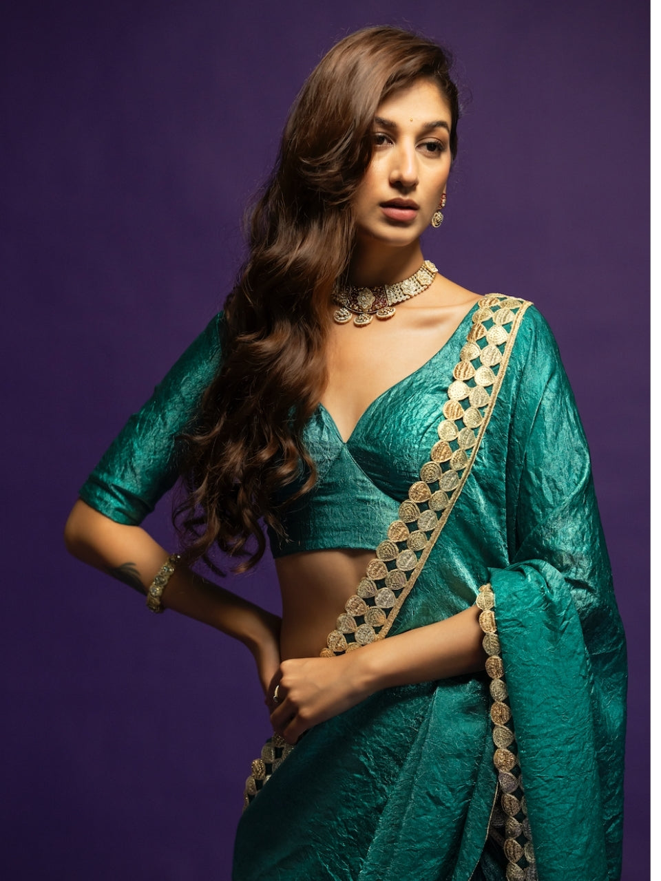 Teal Blue Satin Crush Saree with Zari Lace & Latkan