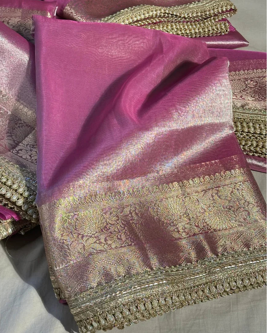 Janhvi Kapoor Inspired Pink Tissue Silk Saree
