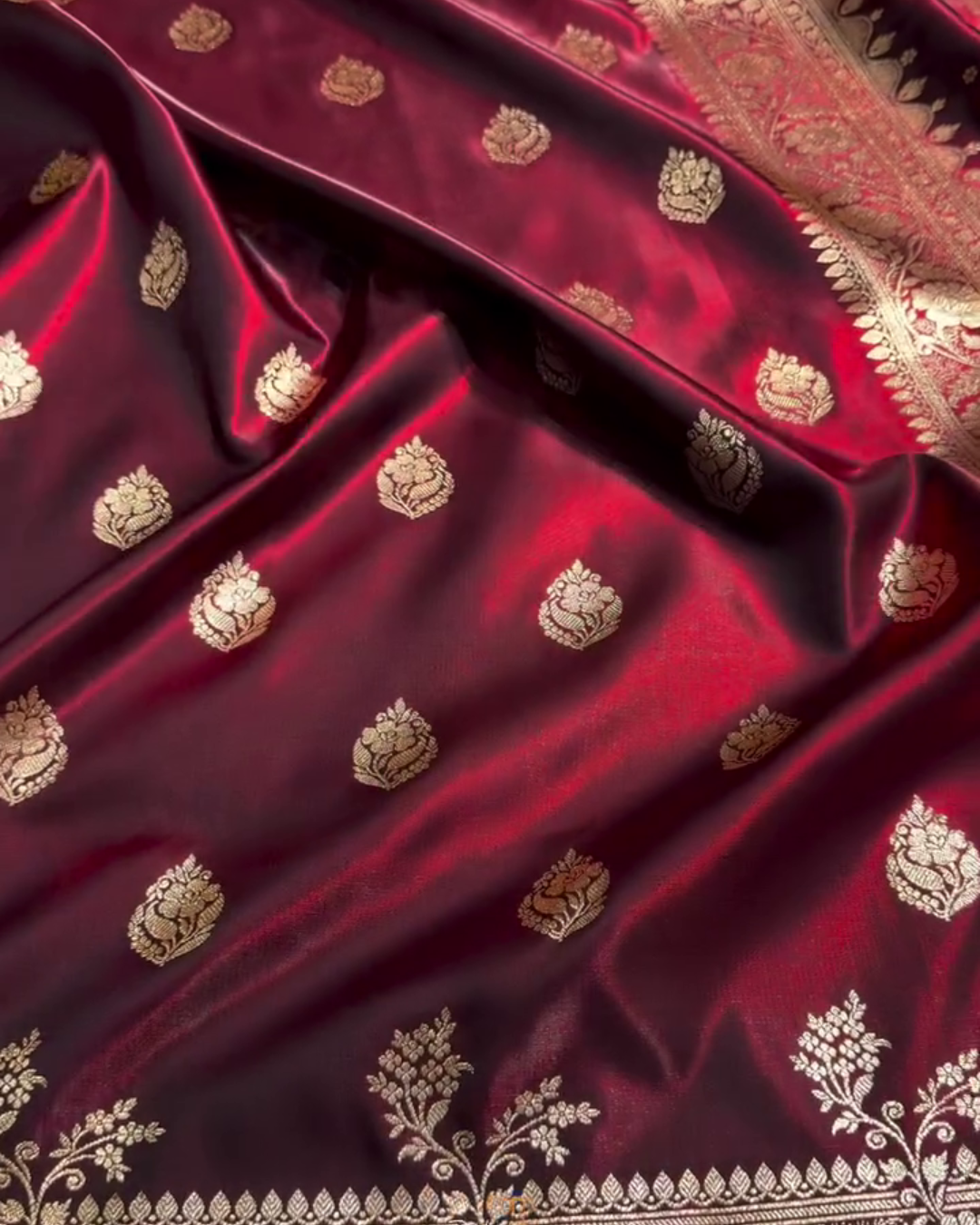 Maroon Banarasi Satin Saree with Golden Zari Floral Weaving
