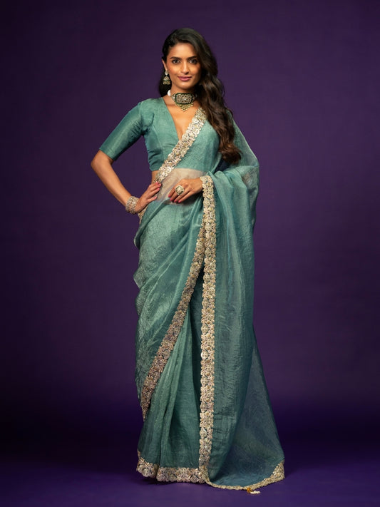 Steel Blue Shimmery Tissue Crush Saree with Zari Sequin Lace