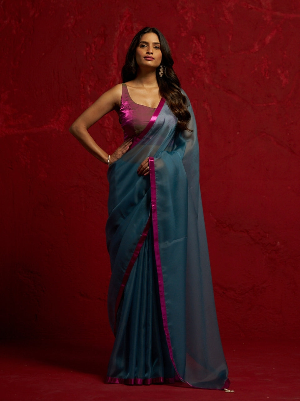 Jade Blue Organza Saree with Pink Satin Lace