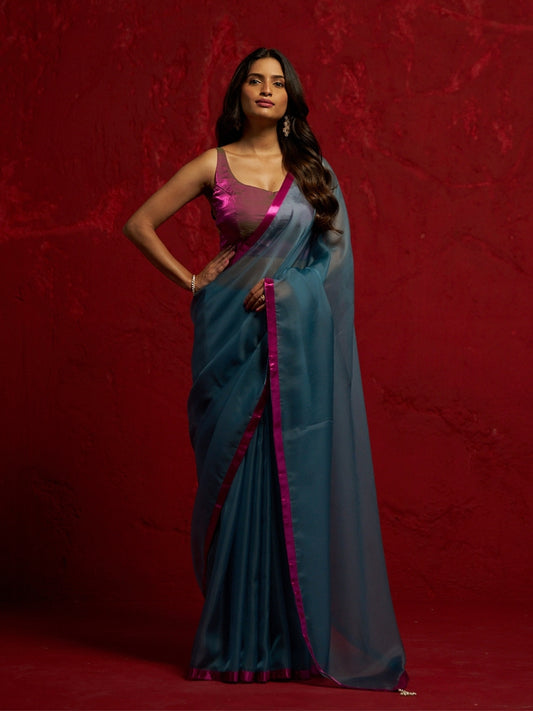 Jade Blue Organza Saree with Pink Satin Lace
