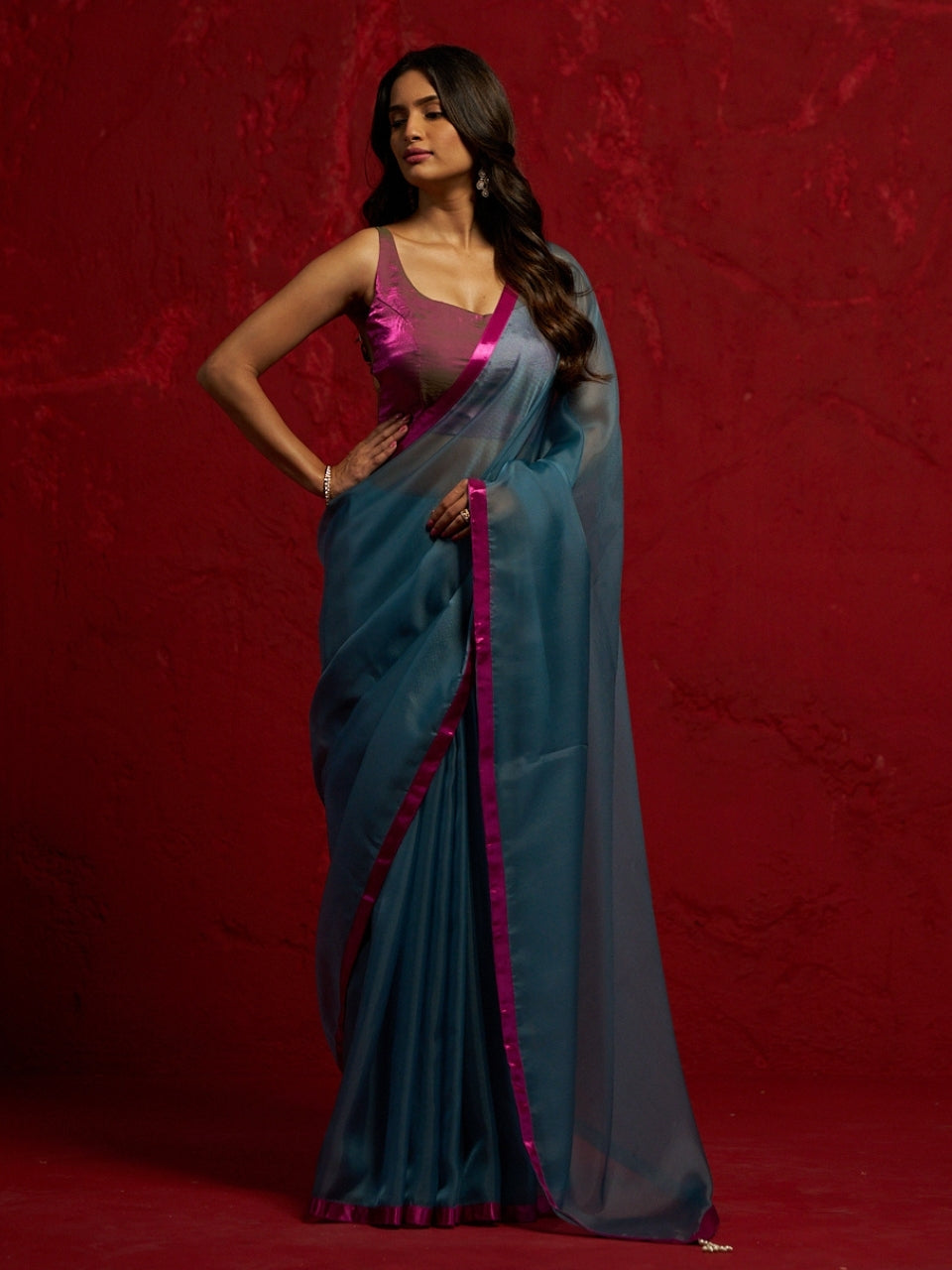Jade Blue Organza Saree with Pink Satin Lace