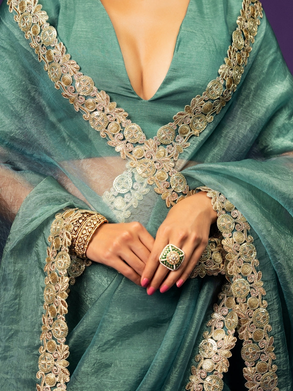 Steel Blue Shimmery Tissue Crush Saree with Zari Sequin Lace