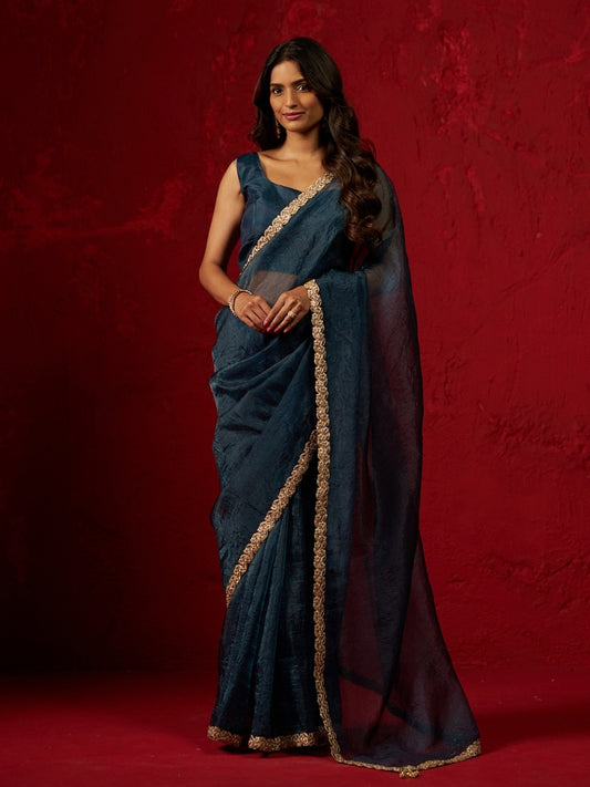 Peacock Blue Shimmery Tissue Saree with Heavy Lace