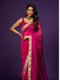 Glam Magenta Shimmery Tissue Saree with Sequin Zari Lace