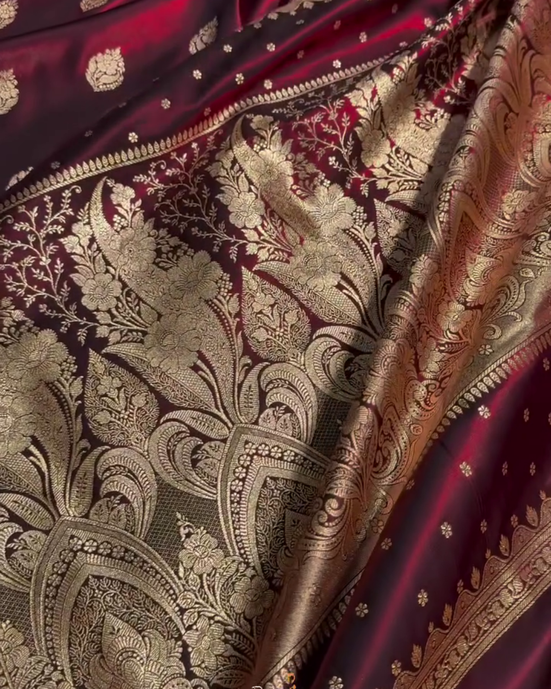 Maroon Banarasi Satin Saree with Golden Zari Floral Weaving