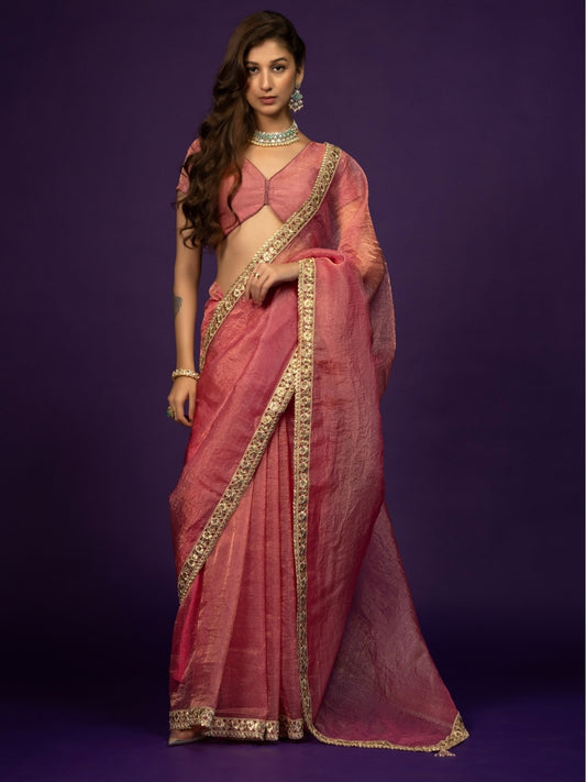 Pink Tissue Saree with Zari & Lace Border