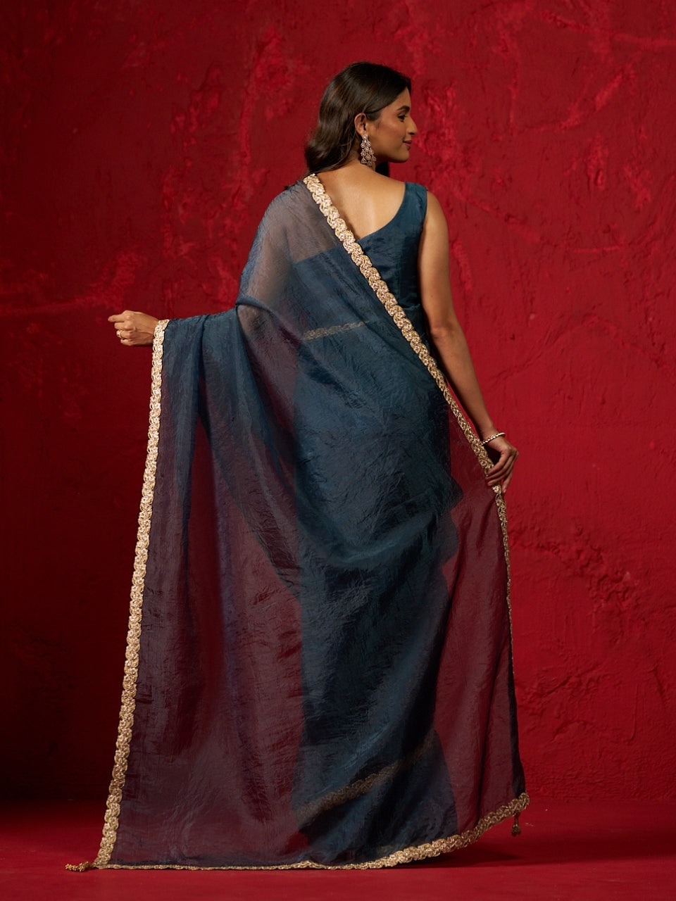 Peacock Blue Shimmery Tissue Saree with Heavy Lace