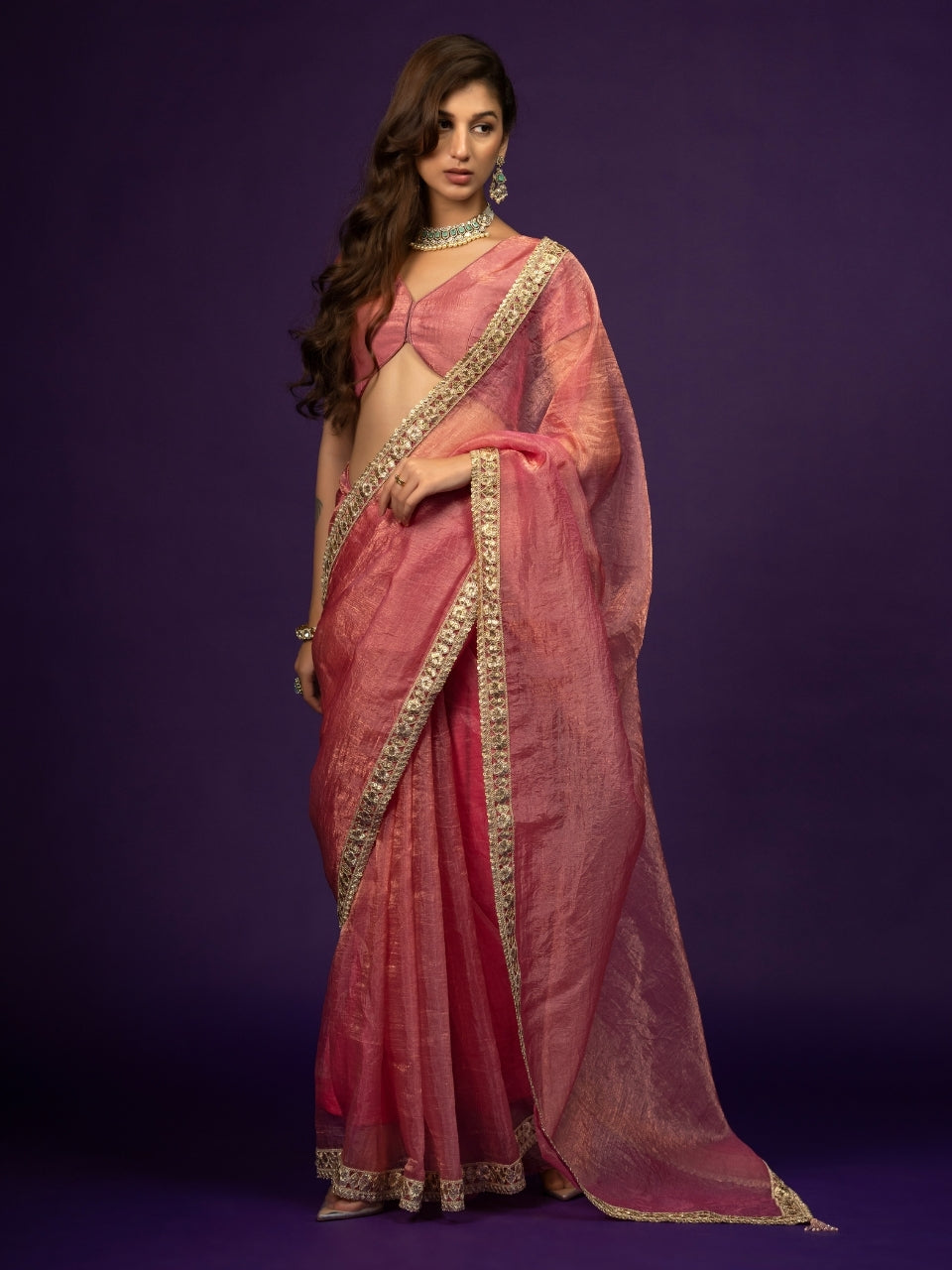Pink Tissue Saree with Zari & Lace Border