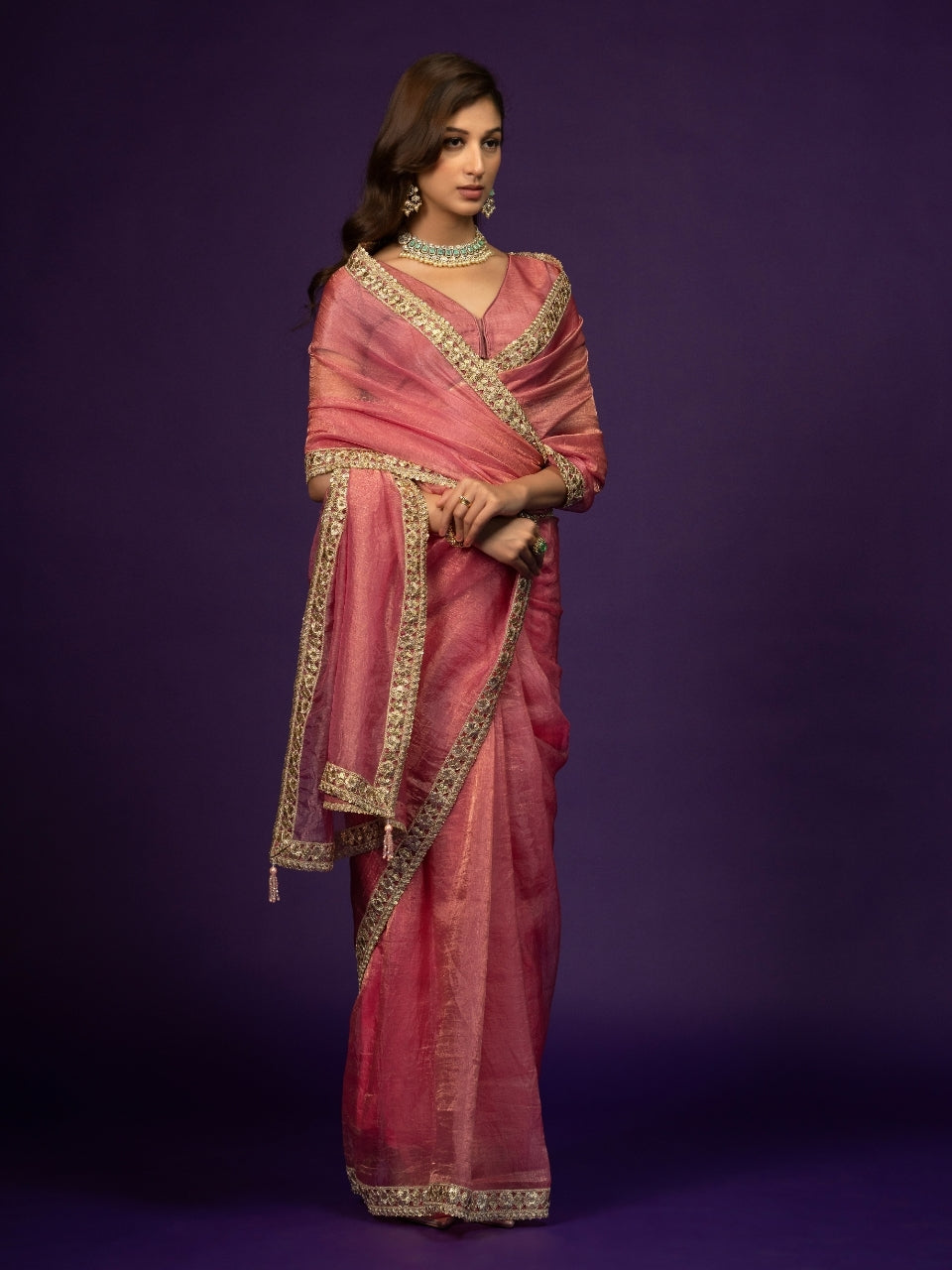 Pink Tissue Saree with Zari & Lace Border