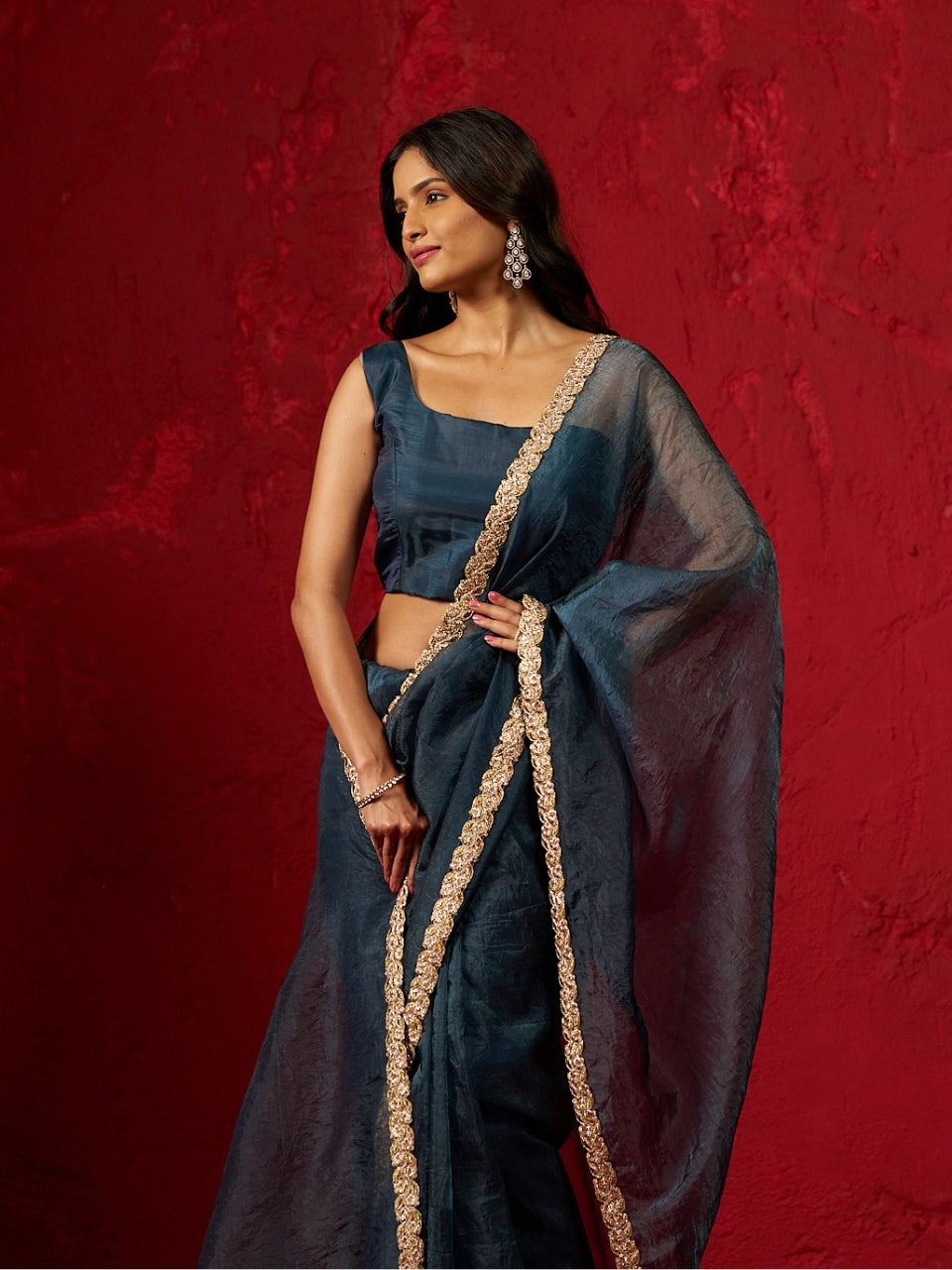 Peacock Blue Shimmery Tissue Saree with Heavy Lace