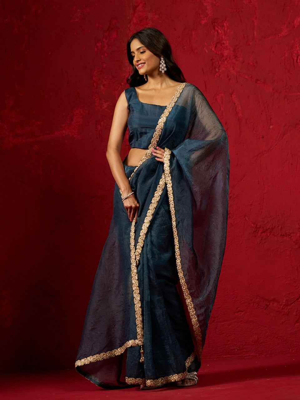 Peacock Blue Shimmery Tissue Saree with Heavy Lace