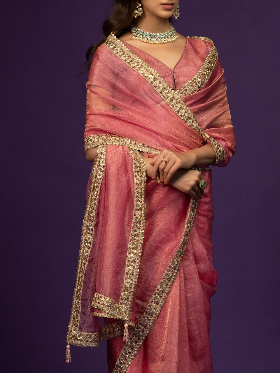 Pink Tissue Saree with Zari & Lace Border
